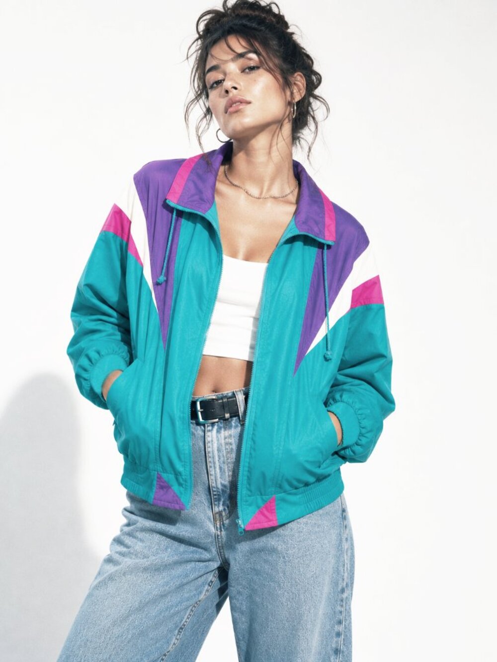 Vintage 90s Current Seen Retro Colorblock Bomber Track Jacket Teal Purple Pink S